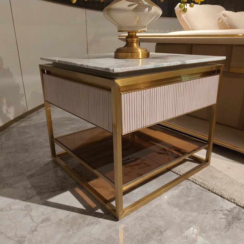Square Marble-Top Sofa Side Table with Ribbed Drawer, Smoked Glass Shelf and Gold-Tone Stainless Steel Frame